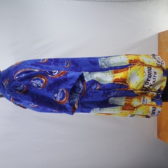Corona Extra beer AOP spellout LG blue & yellow casual button-down summer shirt - Picture 3 of 5
